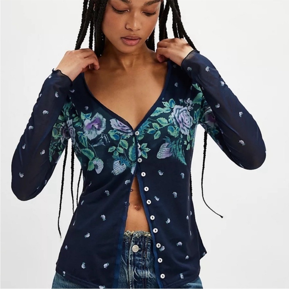 Free People Home Grown Mesh Cardi Navy Blue Combo Floral Button down Small NWOT
